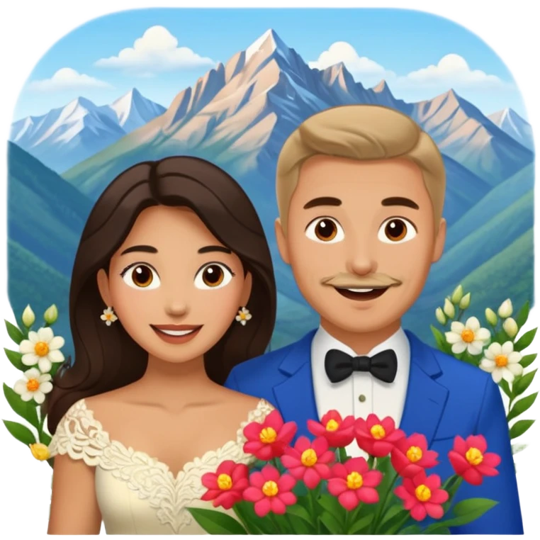 Excited Couple traveling  russian man and elegant  Latina girl delicate flowers and mountains in the background  emoji