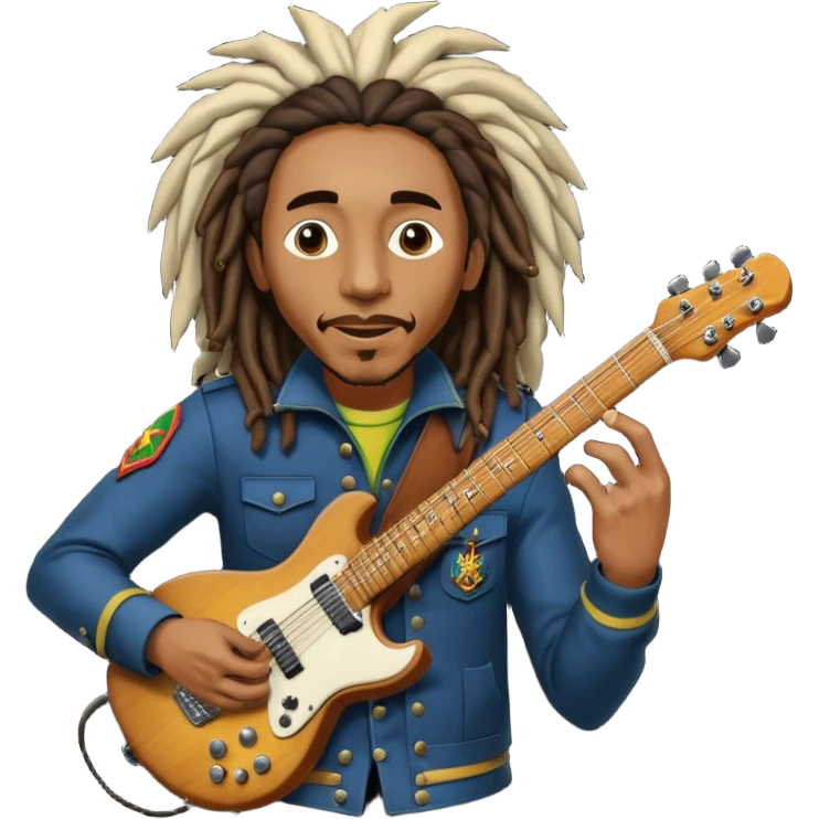 Bob Marley with dread locks play electric guitar in form heraldic crest emoji