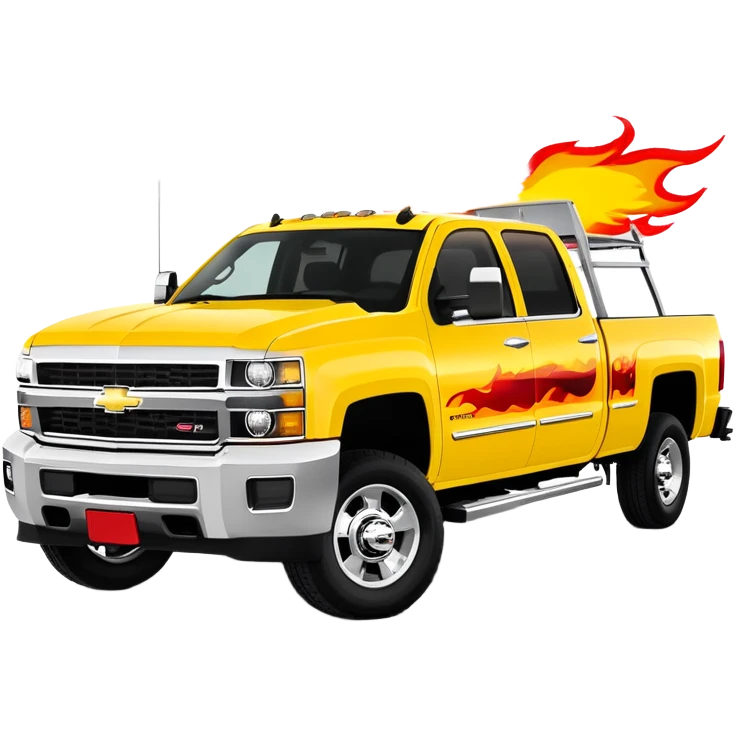 Yellow Chevrolet C-2500 Crew Cab with professional airbrushed red flame artwork on front hood and fenders, authentic Kill Bill truck design, 30-degree view, iOS emoji style emoji