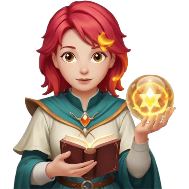 female dnd cleric with red hair holding a magic book in one hand and having a ball of light in the other emoji