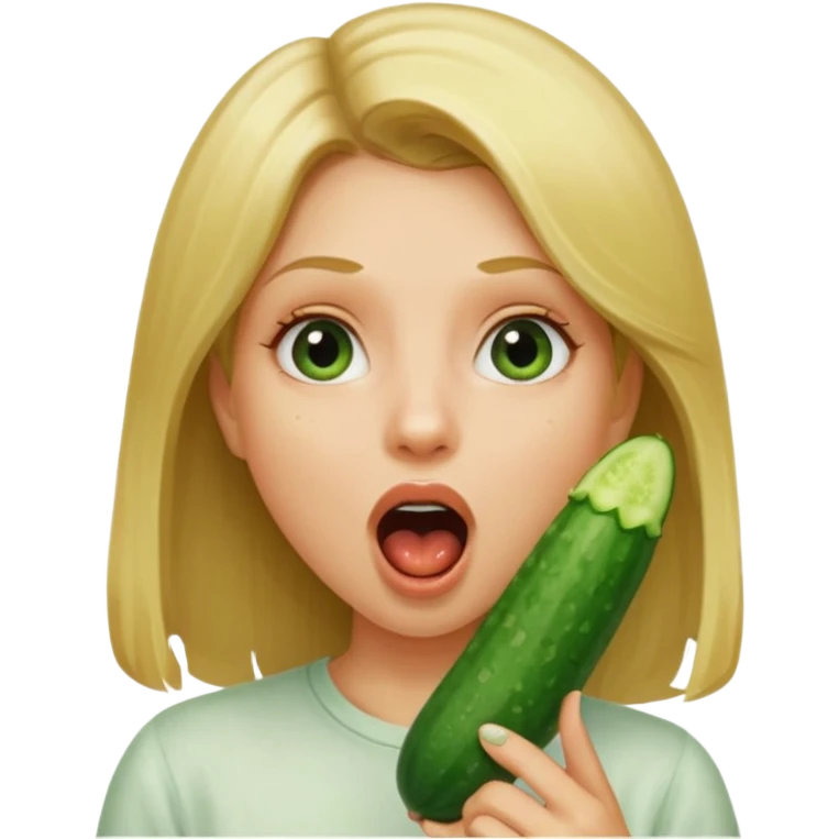 Girl mouth open with a Cucumber going into her mouth straight up and down. dirty blonde hair emoji