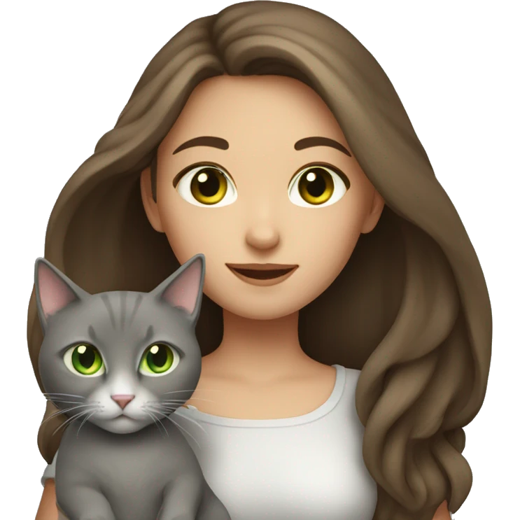 Girl with long brown hair and green eyes holding a gray cat emoji