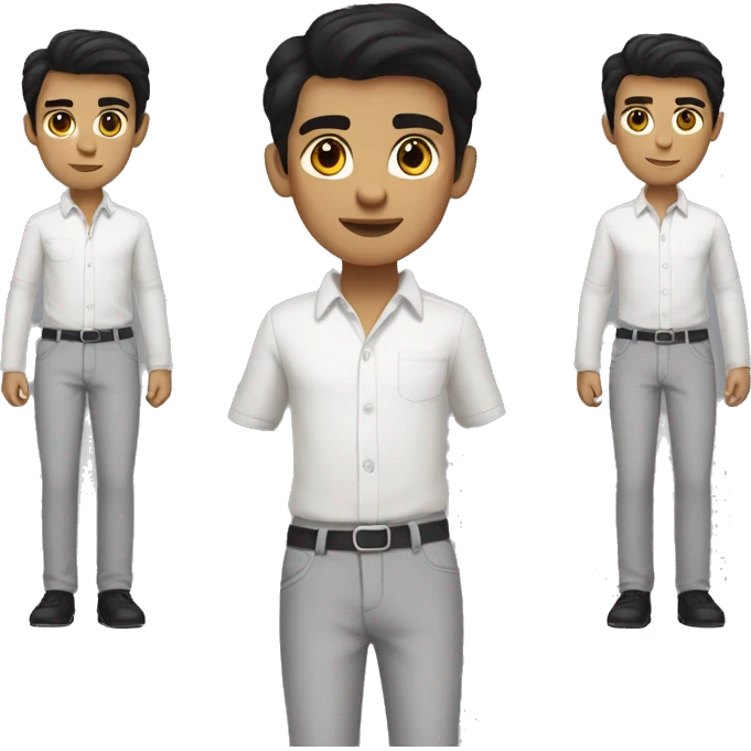 A boy with black hair, white skin, a white shirt and grey pants is looking good. emoji