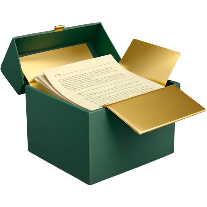 3D minimal open box with papers and documents floating out, matte finish, deep green (#0B3D2C) box, cream (#F5F5DC) papers, gold (#C9B037) subtle glow, Apple style, clean and premium, soft shadow, transparent background emoji
