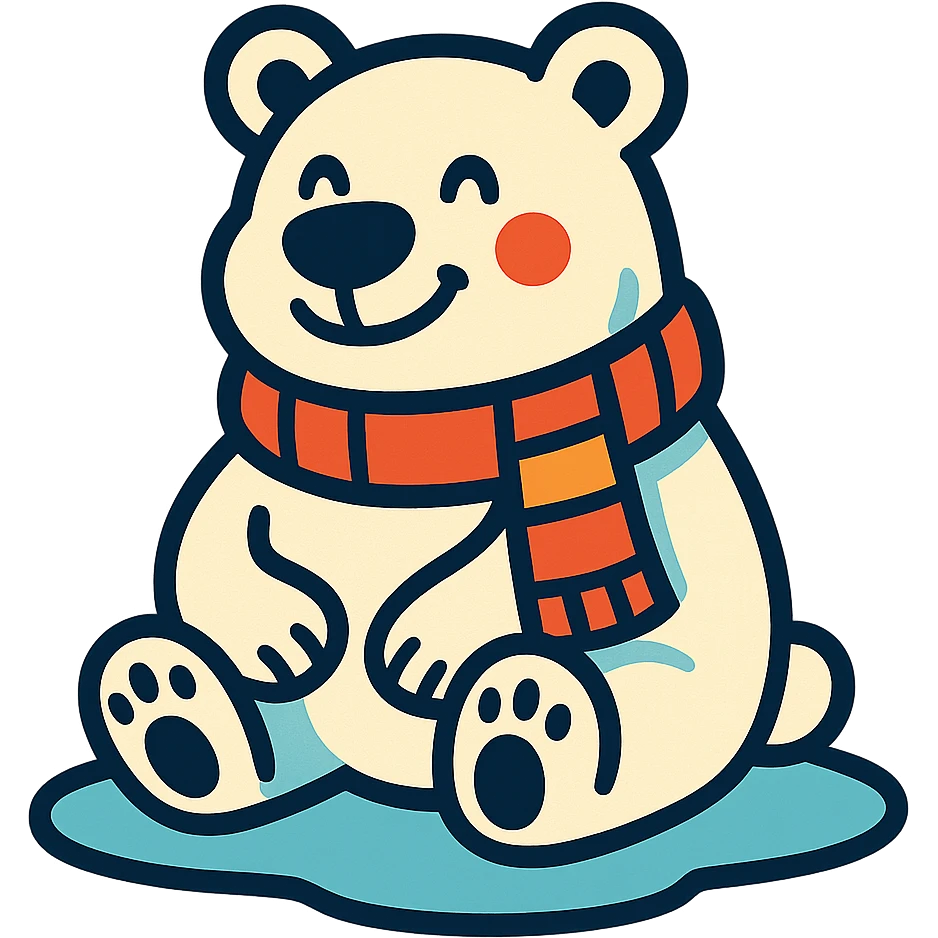 happy polar bear with a scarf, sitting on ice, looking content despite the cold emoji