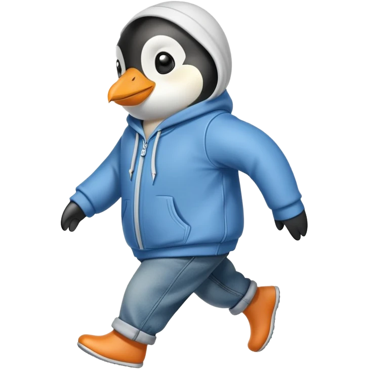 friendly anthropomorphised penguin in a hoodie and jeans brisk walking emoji