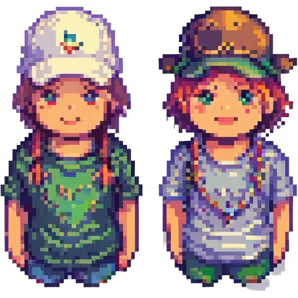Convert this photo of two people sitting outdoors into a pixel art style portrait, focusing on their faces and hats. Use a simple pixel art palette and keep the background minimal. emoji