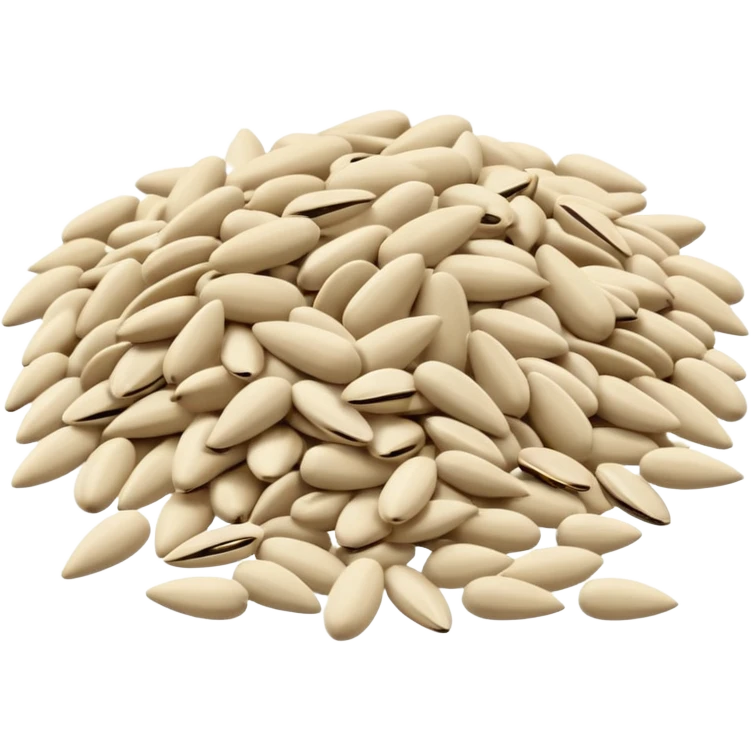 sunflower seeds, small pile or scatter, hulled, elongated teardrop, smooth matte, pale beige to light grey, natural size and shape variation, clean dry texture, no shell, no bowl, no packaging, no faces, clean 3D, soft shadows, transparent background, emoji scale emoji