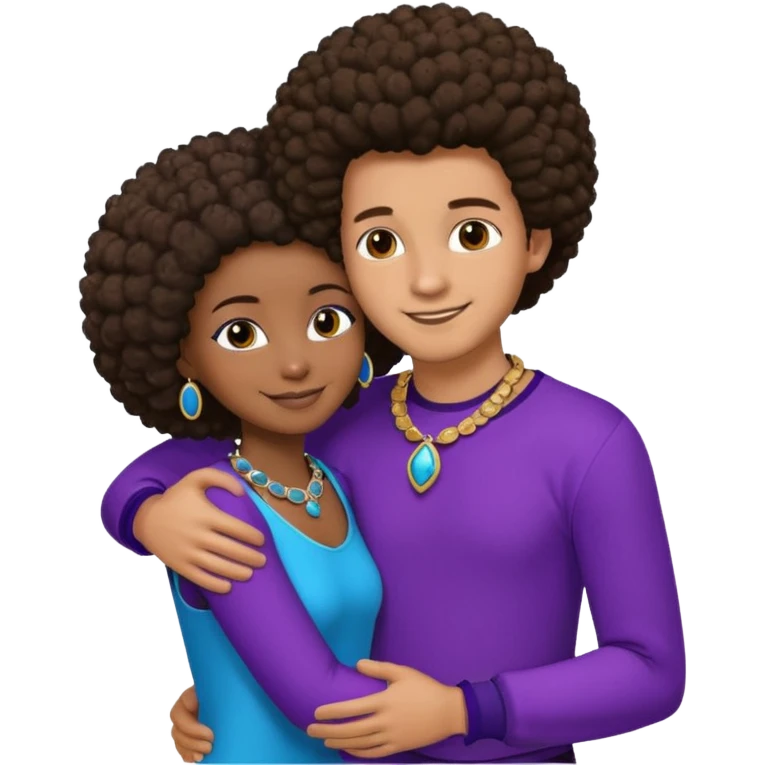 Tan male with short straight, light,brown hair, smiling and hugging a darkblack African girl with Afro in purple clothes with blue jewelry emoji