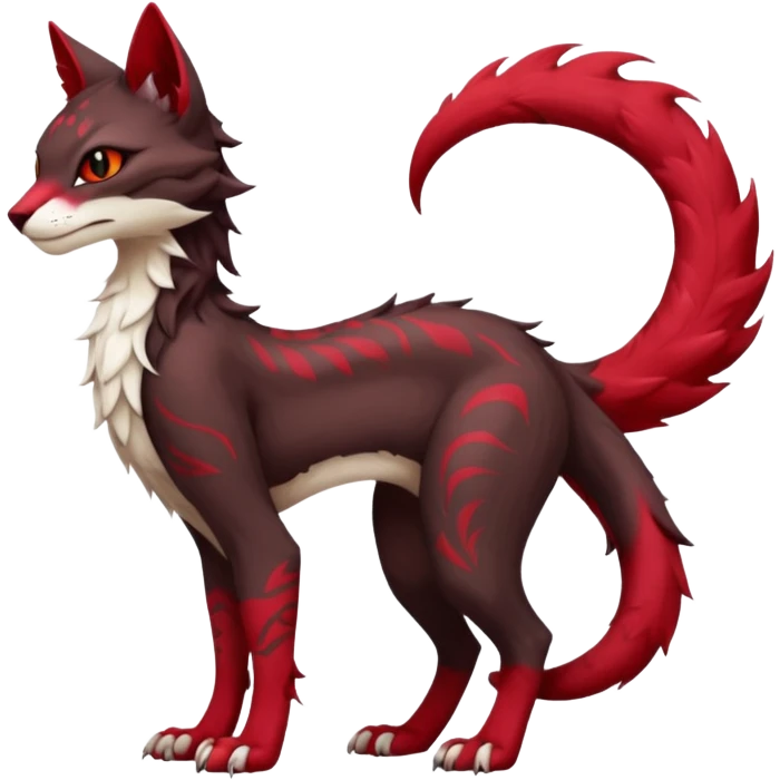 Kawaii dark-brown and crimson-red beautiful pretty elegant divine edgy fantasy feline-vernid-sergal-fursona animal creature with a tufted tail full body with intricate markings  emoji