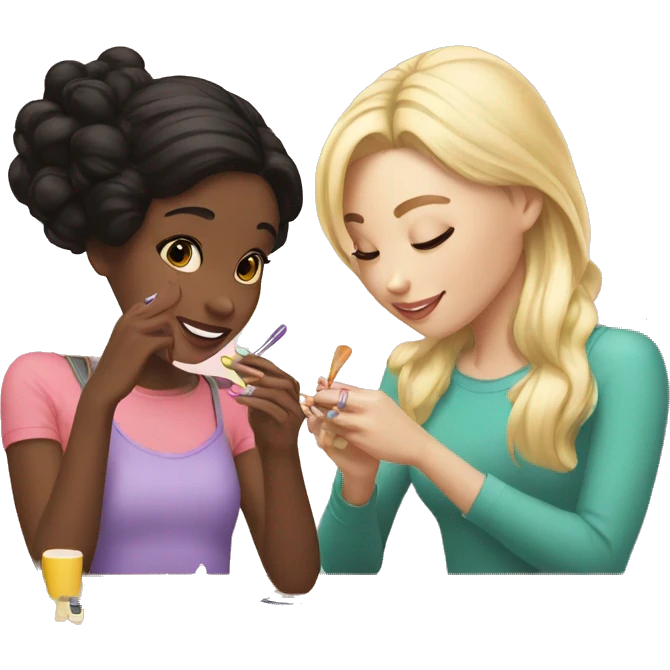 1 black haired girl and one blonde highlights girl painting their nails  emoji