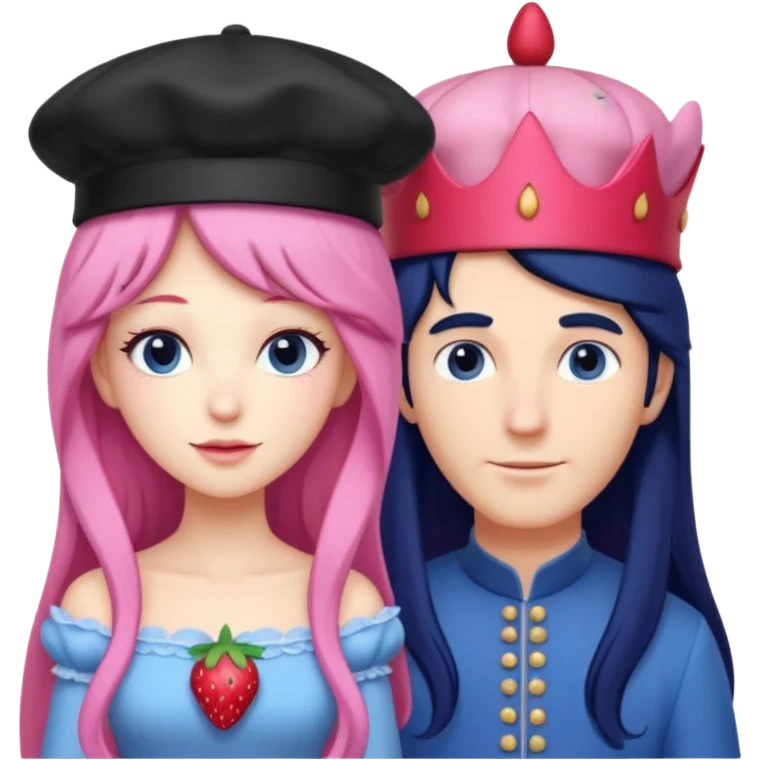 pale blueberry prince man. Handsome with long black hair blueberry hat and clothes next to pale strawberry princess woman with strawberry hat eyelashes long pink hair and strawberry dress emoji