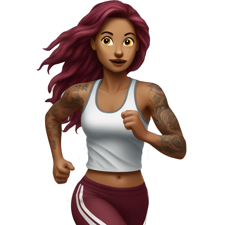 Beautiful tattooed  burgundy long haired woman jogging emoji