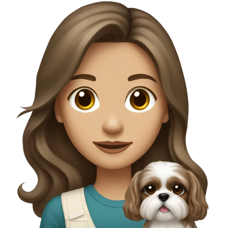 Young brunette medium kin hair woman with a cream shih tzu in her arms long wavy hair emoji