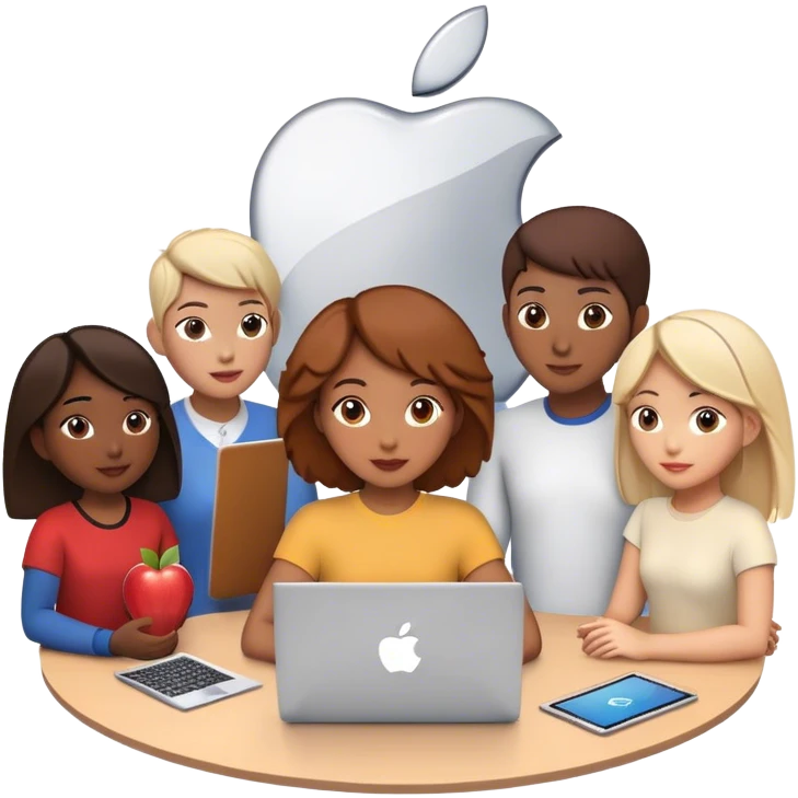 five animated characters stand closely together, presenting a friendly and collaborative vibe. They are sitting in a circle, all of them are looking at open laptop adorned with the Apple logo, suggesting a tech-savvy environment.
 emoji