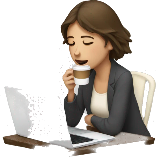 tired french girl with laptop drinking a lot of coffee emoji