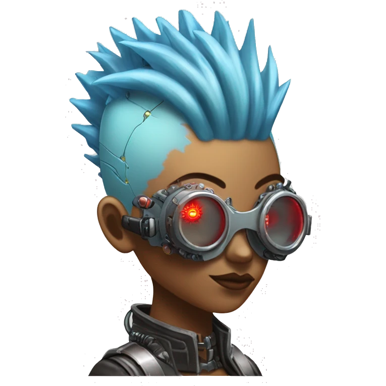 Light blue Mohawk hair female cyborg head with red steampunk goggles and circuits emoji