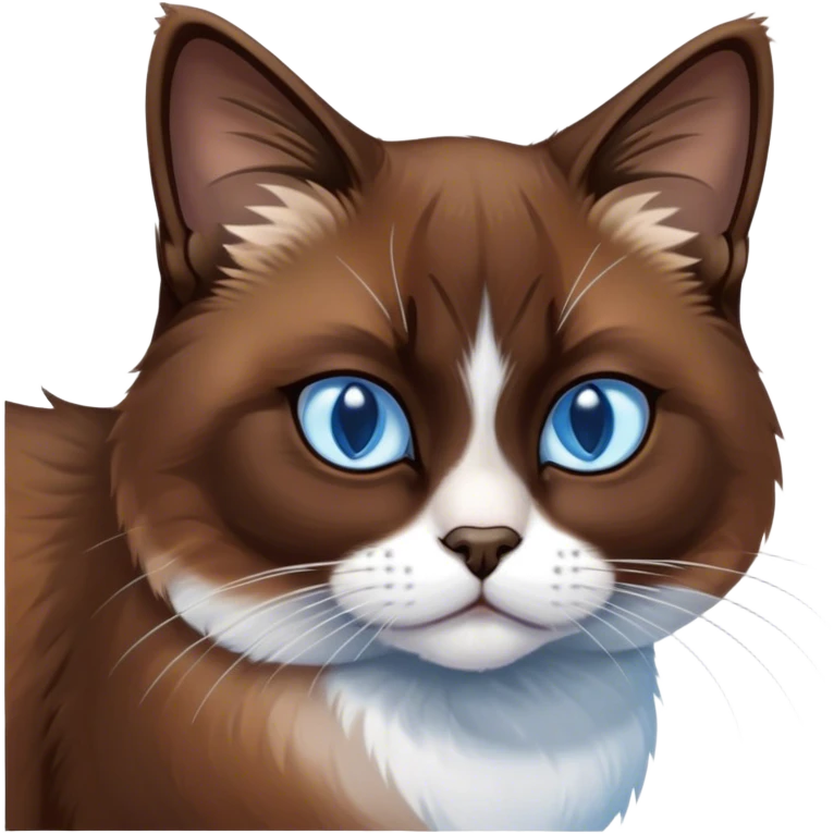 Cinematic Grumpy Brown Mantle Snowshoe Cat Portrait Emoji, Head tilted slightly with a deeply unimpressed expression, rich brown fur blanketing its back, contrasted by its signature white paws, chest, and face, piercing icy-blue eyes narrowed into an unamused glare, Simplified yet comically expressive features, highly detailed, glowing with a dry, sarcastic glow, high shine, effortlessly judgmental yet dignified, stylized with a touch of cynicism, bright but brooding, soft glowing outline, capturing the essence of an eternally unimpressed yet endearing feline, so lifelike it feels like it could sigh heavily at you in disdain at any moment! emoji