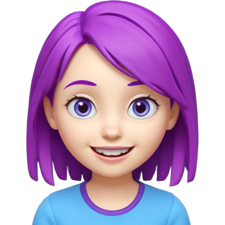 A cute 3D animated emoji character of a young girl face with vibrant purple hair. She has big expressive eyes and a wide happy smile showing teeth. The style is like a Pixar or Disney movie character, soft textures, high quality CGI render, isometric view, on a solid plain white background. emoji