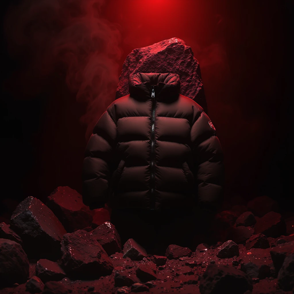 cinematic still of a front black puffer jacket around black stone with red coal temeperature environment, back red light, top light emoji