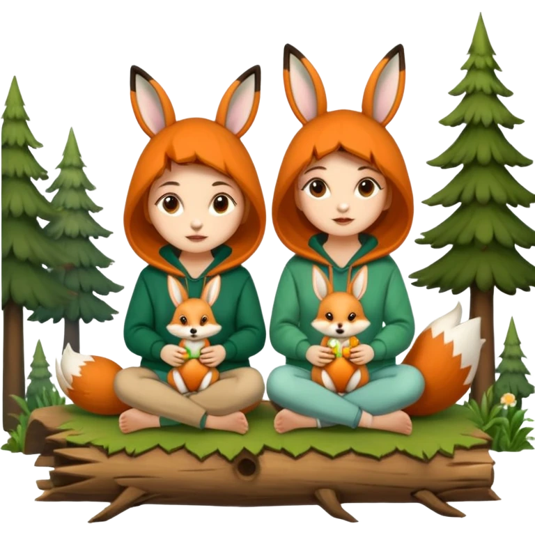 two forest women with cute fox and rabbit hoodies sitting together on log emoji