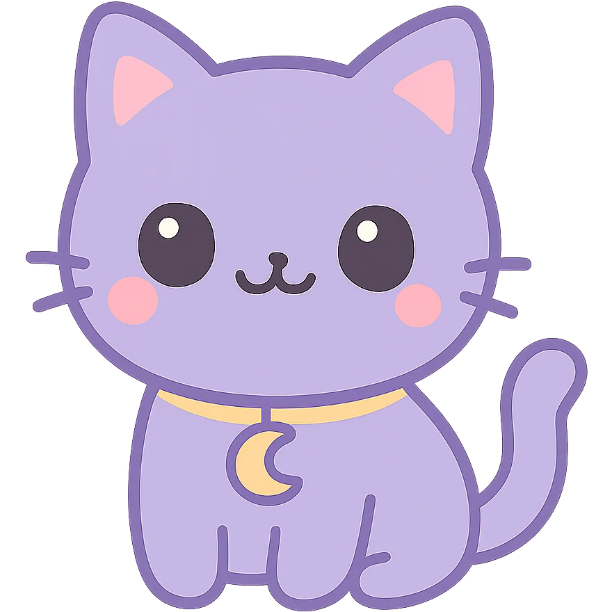 purple cat with fully black eyes, wide open black smile with no teeth, gold moon pendant hanging from its neck, visually appealing style emoji