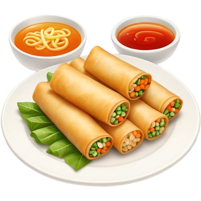 Cinematic Realistic Spring Rolls Dish Emoji, featuring golden, crispy rolls filled with fresh vegetables rendered with detailed textures and warm natural lighting. emoji