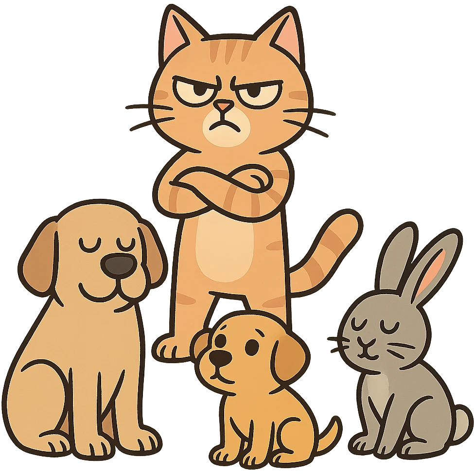 cat with a bossy pose, surrounded by obedient pets emoji