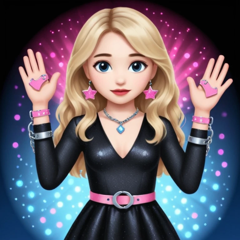 Sabrina carpenter at concert wearing a black sparkly dress with a silver sparkle v neck. she is holding up pink handcuffs. facing audience, blue and red lights setting  emoji