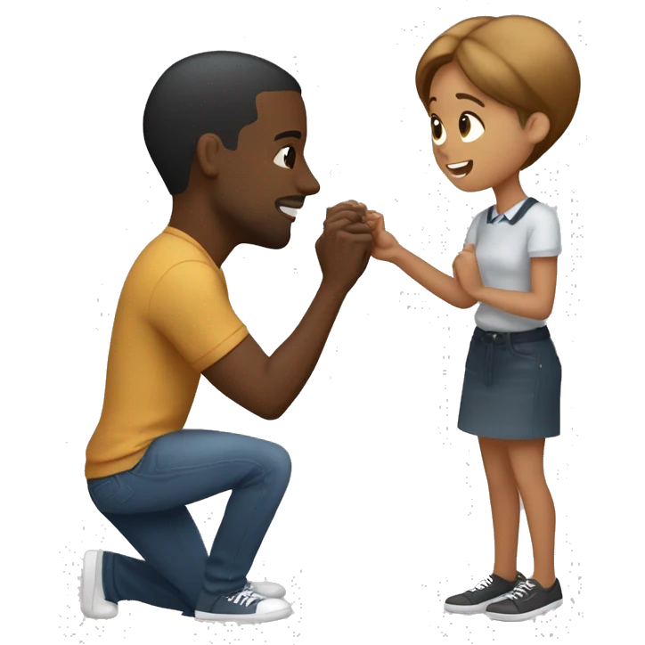 Black guy with short hair proposing on one knee with a ring to a standing light brown girl with brown hair  emoji