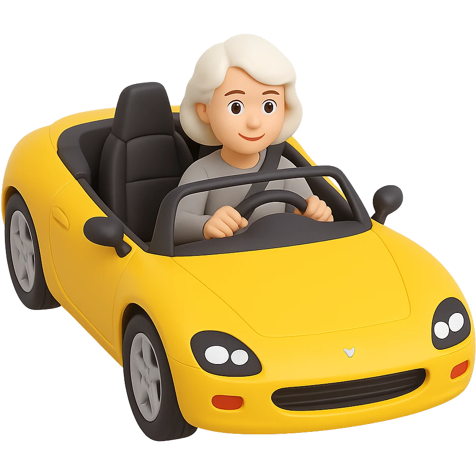 Make this mother with white hair driving a yellow sports car look 10% more realistic in the style of 3D Emoji, keep the 3D emoji style, no background. emoji