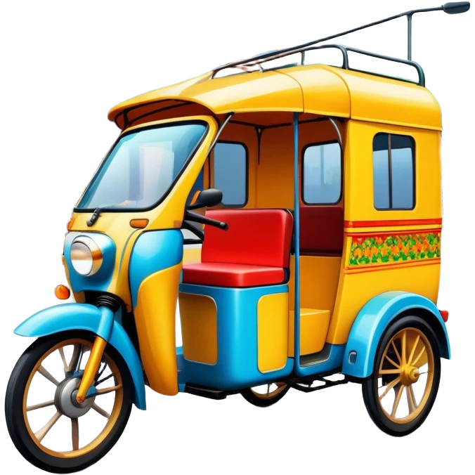 Cinematic Realistic image of a colorful auto rickshaw, rendered with detailed textures and lively, bold hues, set on a bustling urban street with dynamic, vibrant lighting that emphasizes its iconic role emoji