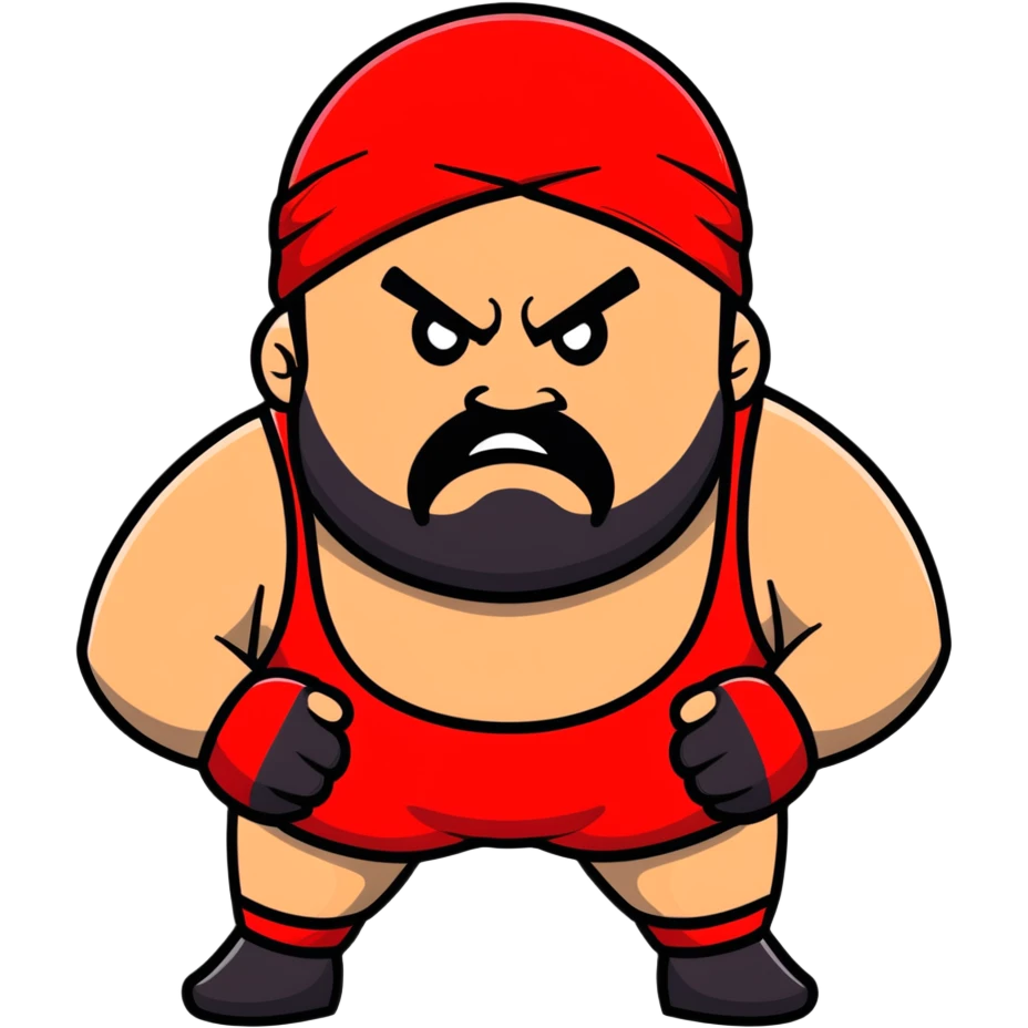 White skin fat guy with prominent black durag, short black beard, black eyes in a red and black wrestling singlet with angry face emoji