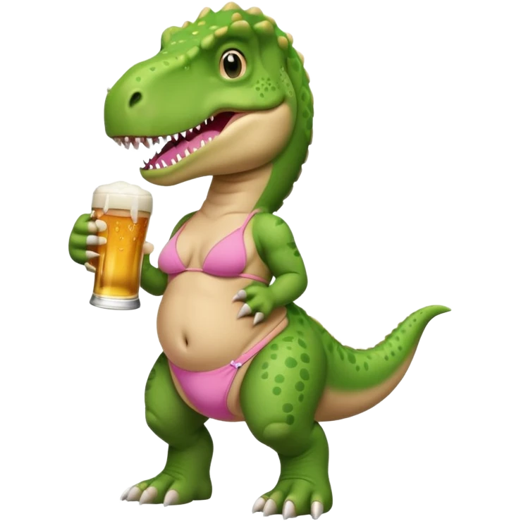 Green cartoon T. rex very short arms with pink bikini and beer in hand  emoji