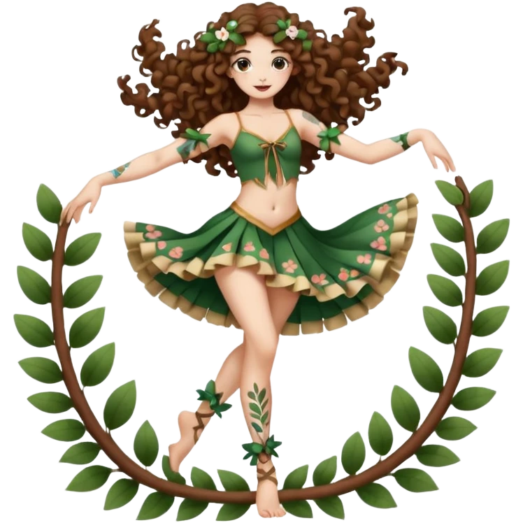 full body woman long curly brown hair brown eyes white skin tattoos forest nymph dancer pose, petal ribbons around legs emoji