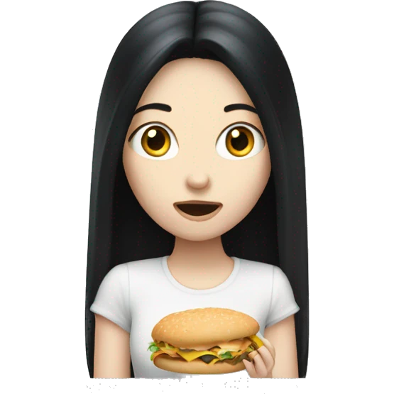 Pale girl with long black hair eating emoji