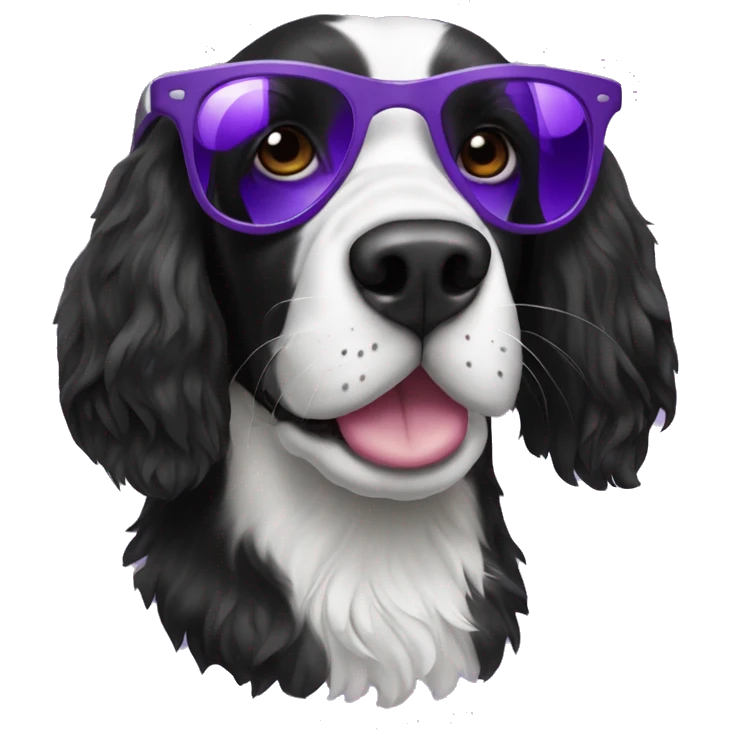 Black and white springer spaniel with a sly smile and looking over the top of its purple sunglasses  emoji