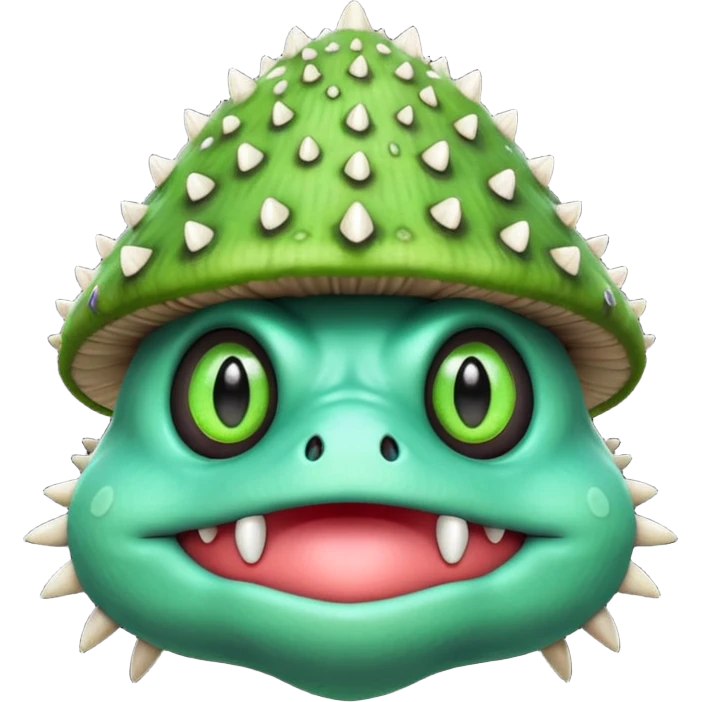 poisonous mushroom monster portrait, head and shoulders only, animal-like creature, mushroom cap head with spikes, toxic green glow, beast-like eyes, furry neck details, monstrous but cute fantasy vibe, 3D cartoon, mobile game icon style, clean background, no text, no watermark

 emoji