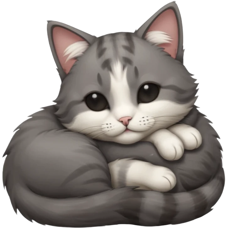dark grey and white small cat with his eyes closed, leaning his head on his paw while leaning on his elbow lying down emoji