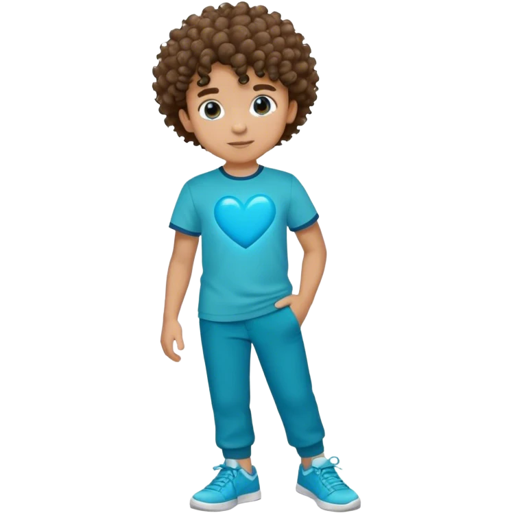 Um menino com cabelo crespo e cor de pele com blusa cor azul turqueza com um coração azul no meio com uma calça preta com um têniz azul. emoji