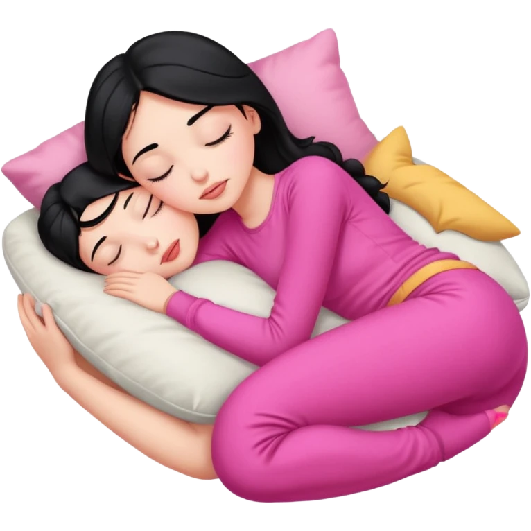 Sleeping on the pillow, beauty hot and pretty Pale girl with medium high black hair wearing sexy pink clothes  emoji