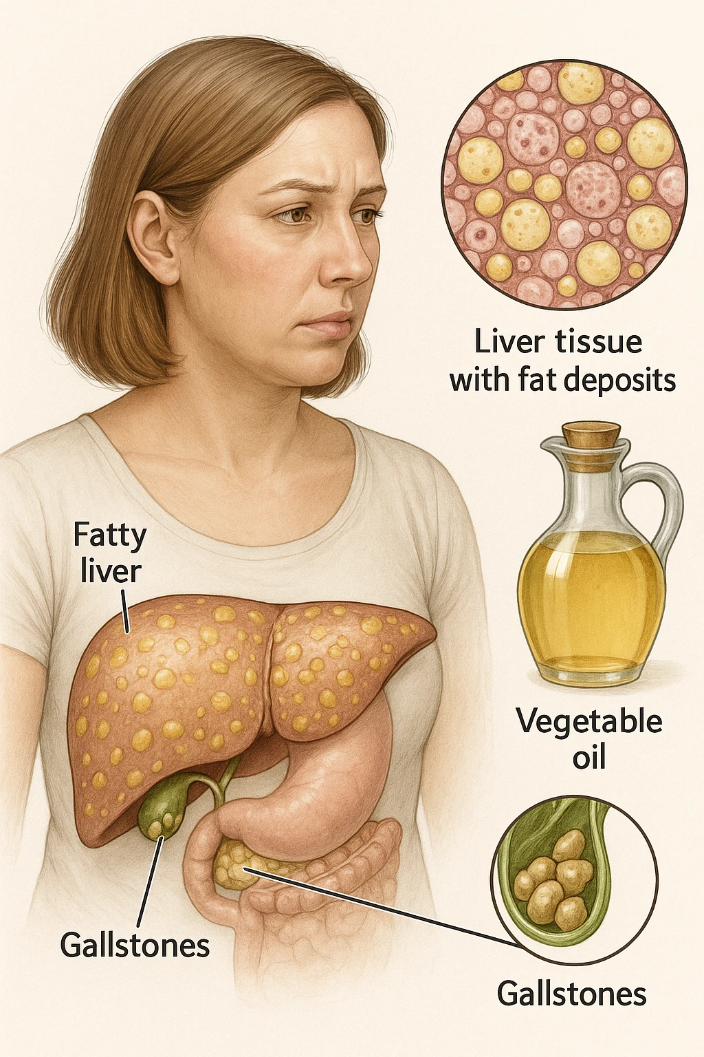 donna con fegato grasso immagine realistica e usa oli vegetali formando anche calcoli biliari emoji