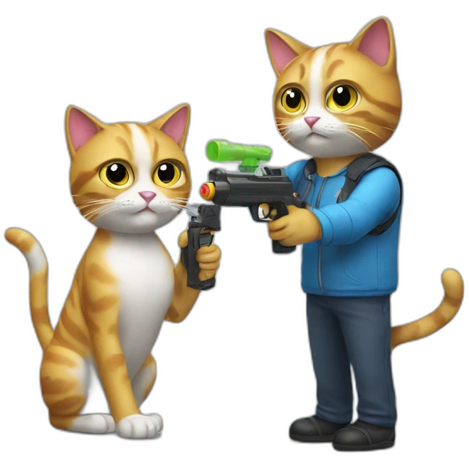 A cat with a water gun shooting to another cat emoji
