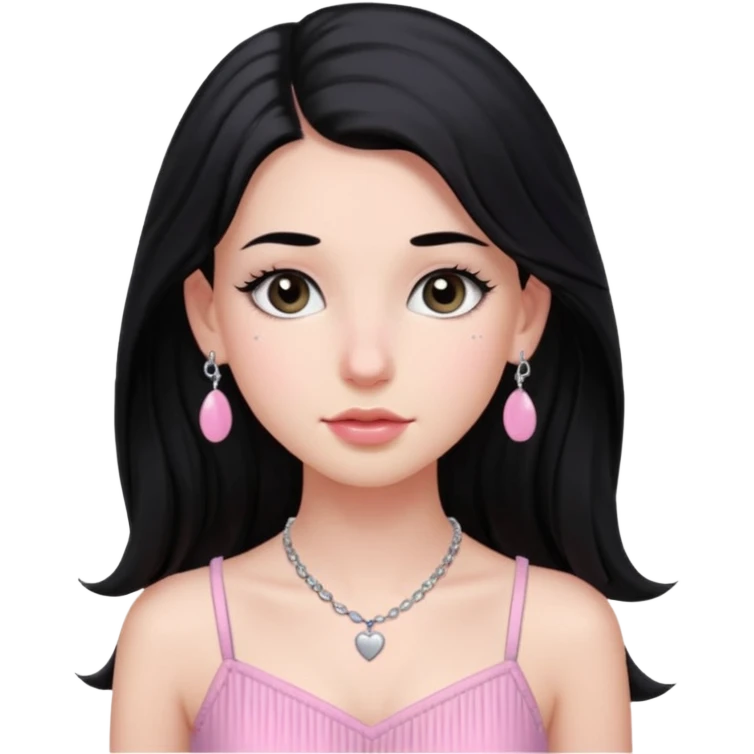 Menina branca ,cabelos pretos longos, olhos pretos puxados para cima. Cílios longos, lábios grossos ,nariz pequeno.vestido rosa claro de alça. Colar e brinco prata pontinho pequeno. Jovem  de 16 anos  emoji
