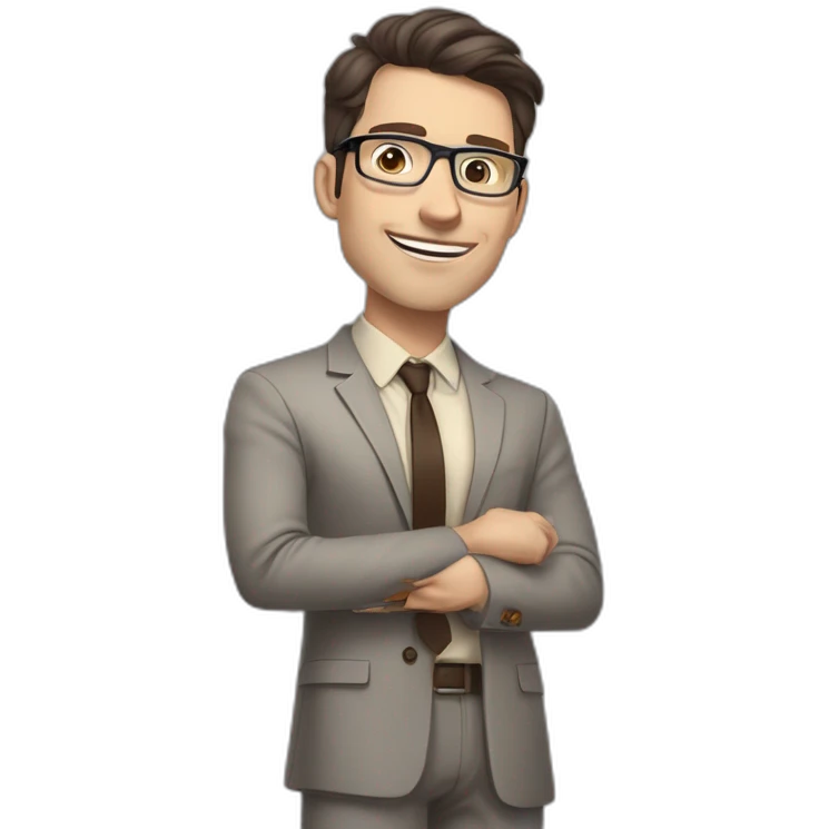 Pale skinned fit man with dark brown hair in gray jacket, beige office shirt, brown tie, brown pants and vintage glasses Writing text on the flipchart emoji