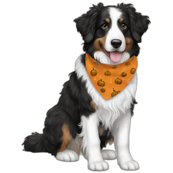 black and white aussie doodle with a pumpkin and fall bandana emoji