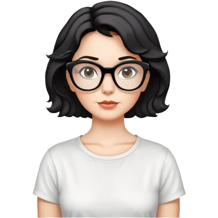 white woman about 50 years old with light warm skin, wide face, black wavy neck-length 80s short hair, low volume, neutral expression, large black shiny butterfly or cat-eye glasses, white casual t-shirt emoji