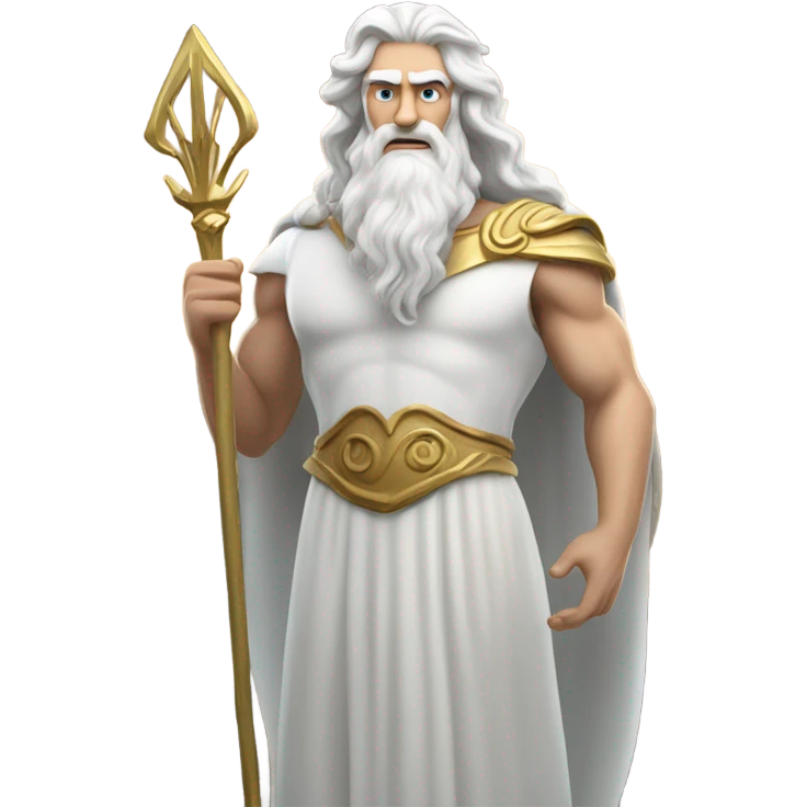 white man Poseidon with gold trident. long white hair white dress. driver emoji