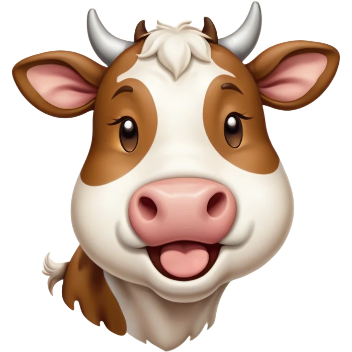 Cinematic Cute Yawning Brown and White Cow Portrait Emoji, Head tilted slightly with a dramatic, wide-open yawn, showcasing a smooth, patterned hide of brown and white, floppy ears slightly drooping, round brown eyes barely open in drowsy contentment, Simplified yet irresistibly adorable features, highly detailed, glowing with a soft, cozy glow, high shine, relaxed yet expressive, stylized with a touch of pastoral whimsy, bright and endearing, soft glowing outline, capturing the essence of a sleepy yet affectionate cow, so drowsy it feels like it could amble out of the screen and curl up for a nap! emoji