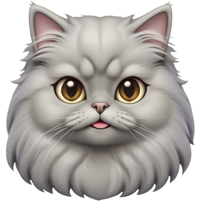 Cinematic Derpy Grey Persian Cat Portrait Emoji, Head tilted playfully with an adorably awkward expression, fluffy grey fur with soft silver undertones, Simplified yet hilariously derpy features, highly detailed, glowing with a warm but slightly confused glow, high shine, a mix of lazy and clueless, stylized with a touch of whimsy, bright but with a completely derpy and grumpy face, soft glowing outline, capturing the essence of a quirky yet chubby, grumpy kitty, so endearing it feels like it could stretch out of the screen and demand attention with its wonderfully derpy charm! emoji